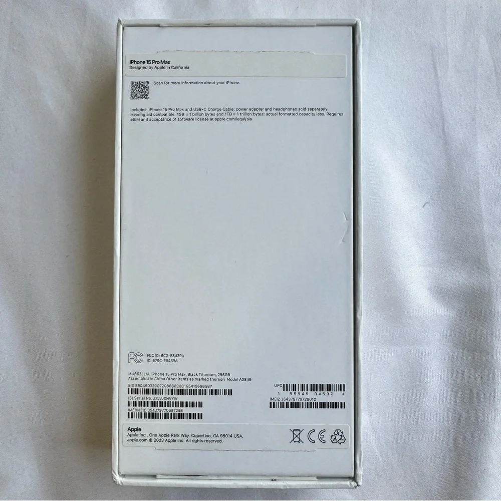 Apple A2849‎ iPhone 15 Pro MAX Black Titanium 256GB, Empty Box ONLY
